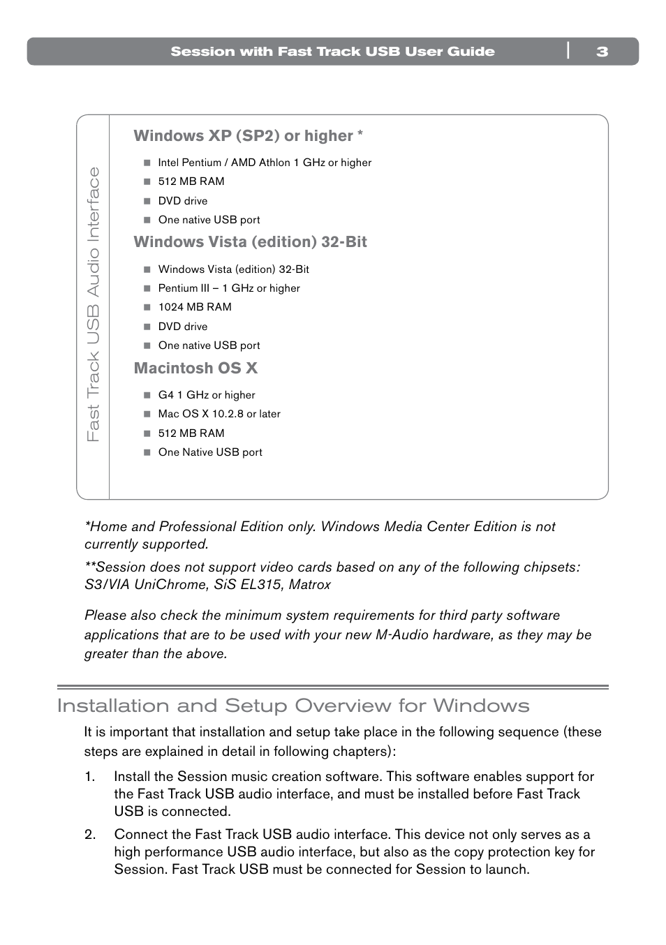 Installation and setup overview for windows, Windows xp (sp2) or higher, Windows vista (edition) 32-bit | Macintosh os x | M-AUDIO Session with Fast Track USB User Manual | Page 4 / 14