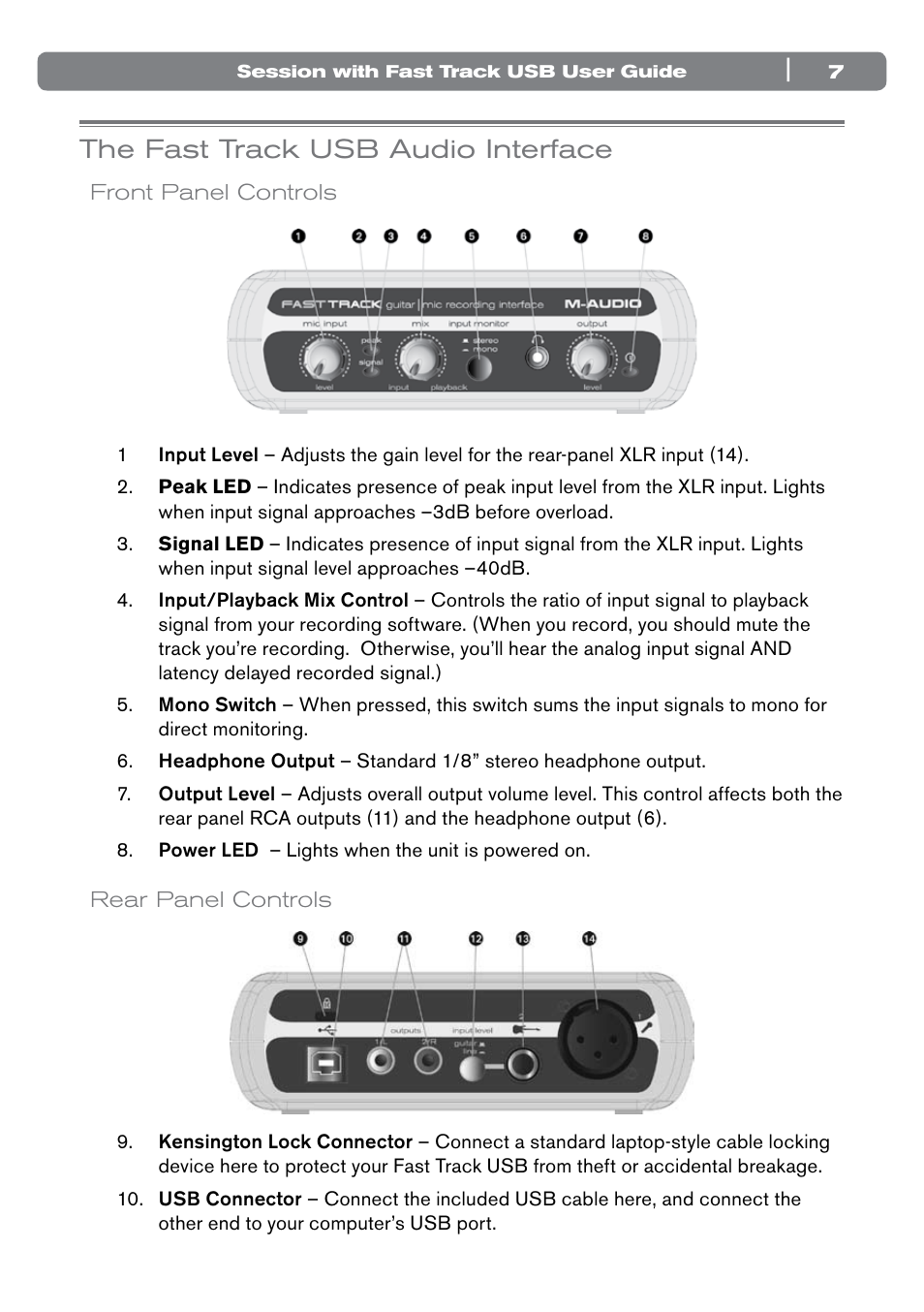 The fast track usb audio interface, Front panel controls, Rear panel controls | M-AUDIO Session with Fast Track USB User Manual | Page 8 / 14
