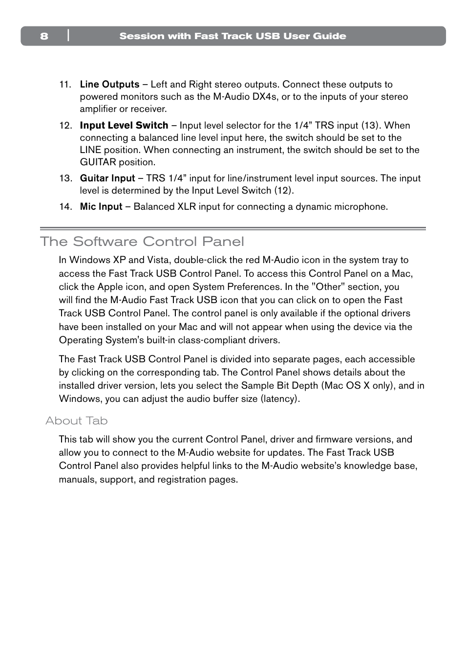 The software control panel, About tab | M-AUDIO Session with Fast Track USB User Manual | Page 9 / 14