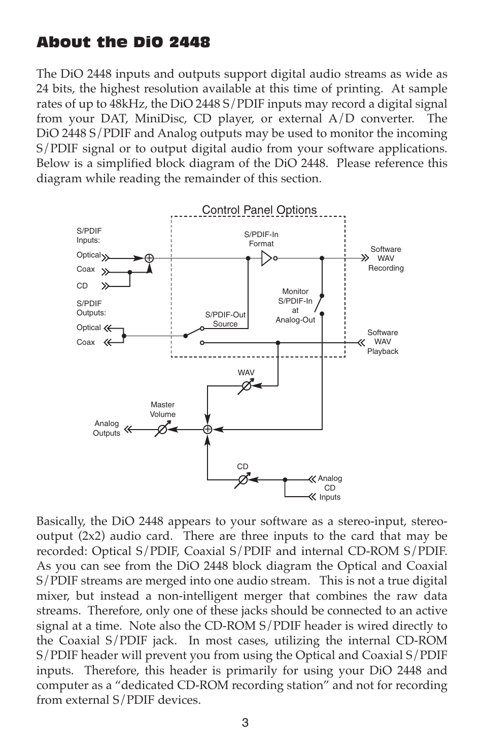 About the dio 2448, Control panel options | M-AUDIO DIO2448 User Manual | Page 3 / 24