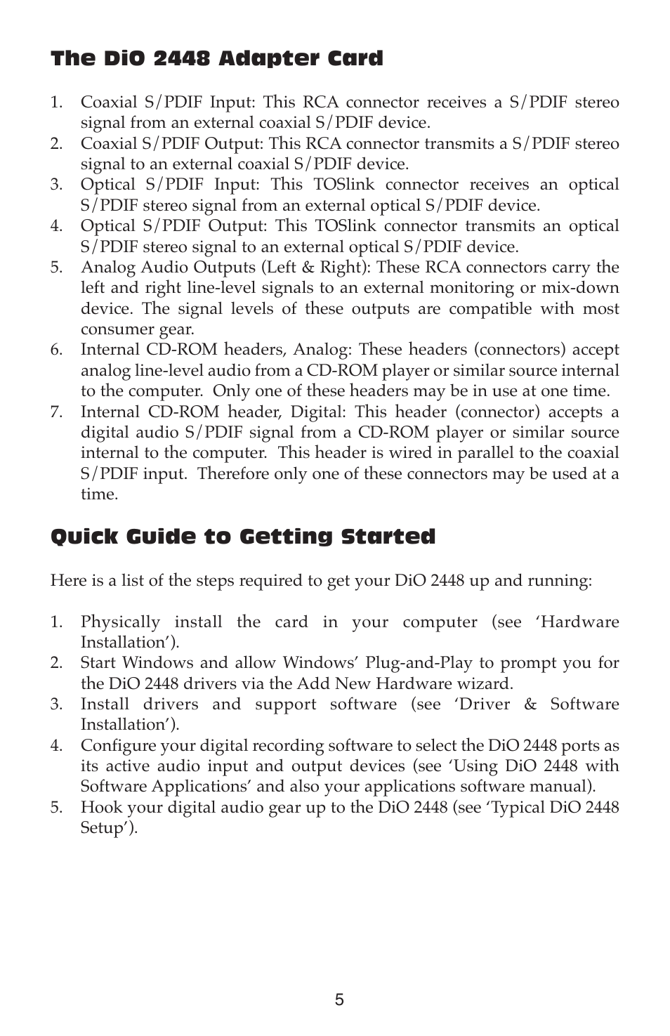 The dio 2448 adapter card, Quick guide to getting started | M-AUDIO DIO2448 User Manual | Page 5 / 24