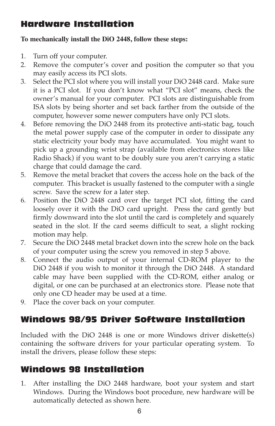 Hardware installation, Windows 98/95 driver software installation, Windows 98 installation | M-AUDIO DIO2448 User Manual | Page 6 / 24