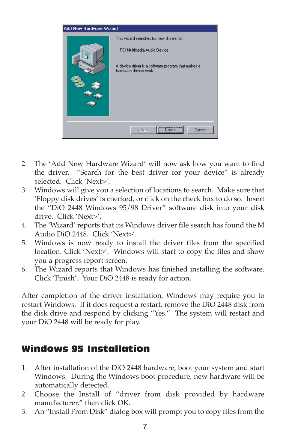 Windows 95 installation | M-AUDIO DIO2448 User Manual | Page 7 / 24