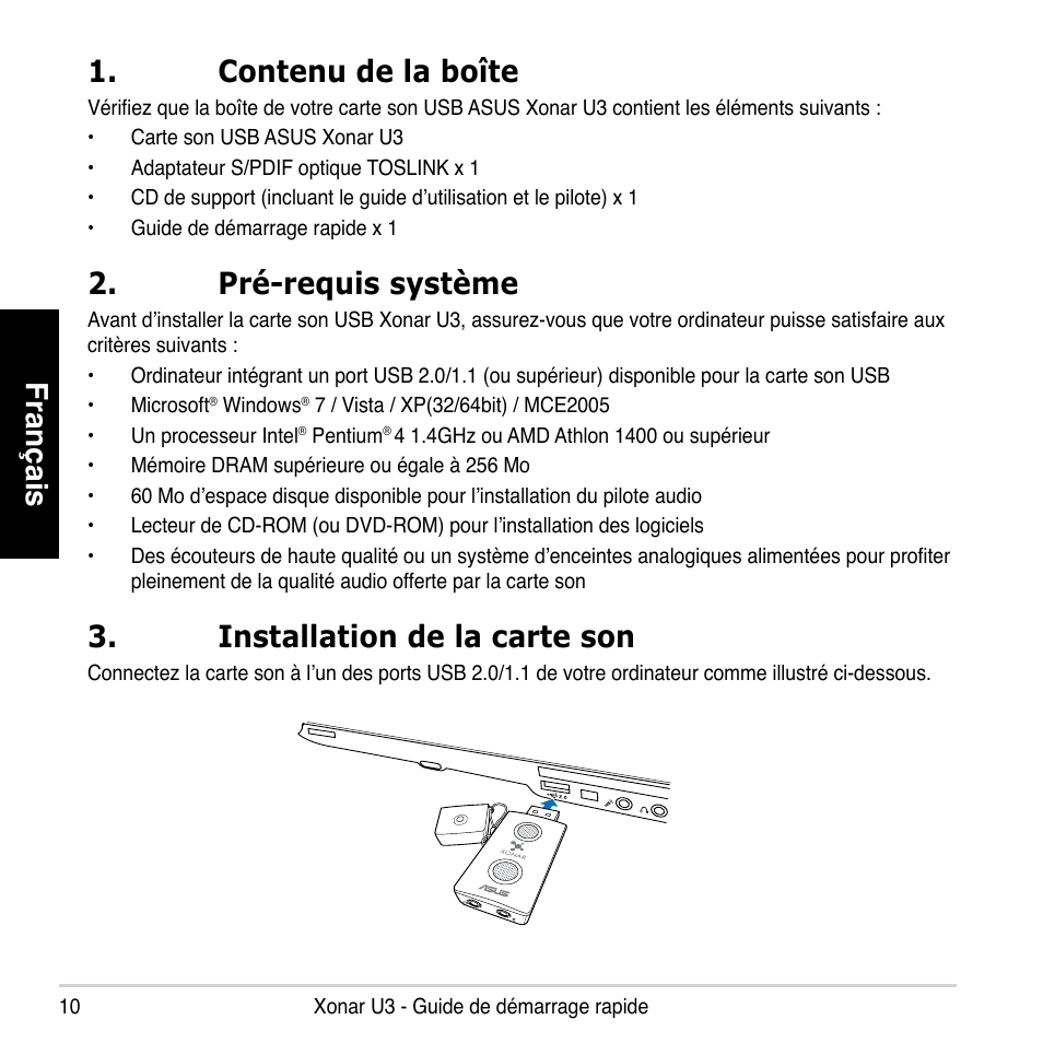 Français, Contenu de la boîte, Pré-requis système | Installation de la carte son | Asus Xonar U3 User Manual | Page 10 / 56