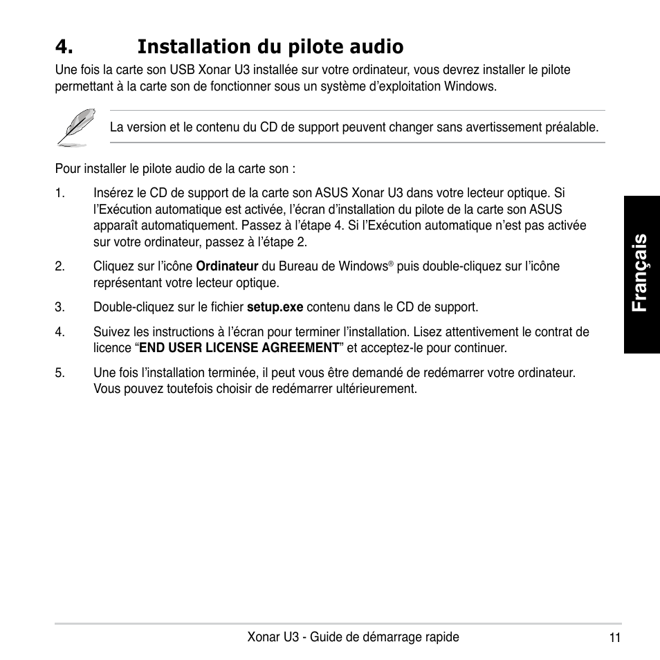 Français, Installation du pilote audio | Asus Xonar U3 User Manual | Page 11 / 56