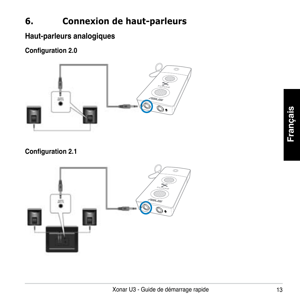 Français, Connexion de haut-parleurs | Asus Xonar U3 User Manual | Page 13 / 56