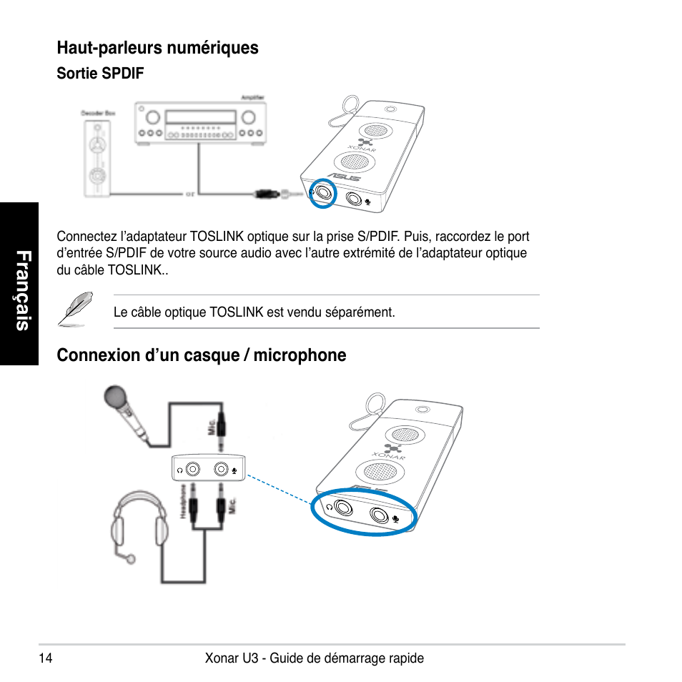 Français, Haut-parleurs numériques, Connexion d’un casque / microphone | Asus Xonar U3 User Manual | Page 14 / 56