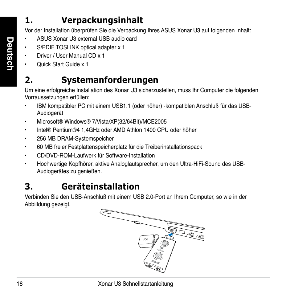 Deutsch 1. verpackungsinhalt, Systemanforderungen, Geräteinstallation | Asus Xonar U3 User Manual | Page 18 / 56