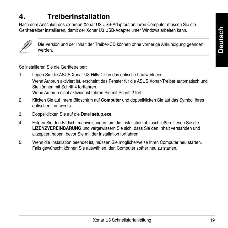 Deutsch 4. treiberinstallation | Asus Xonar U3 User Manual | Page 19 / 56