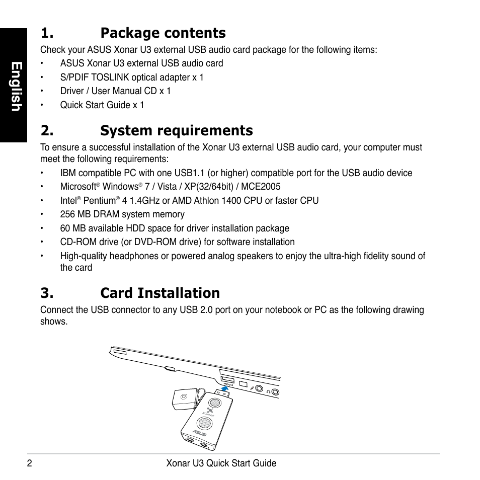 English, Package contents, System requirements | Card installation | Asus Xonar U3 User Manual | Page 2 / 56