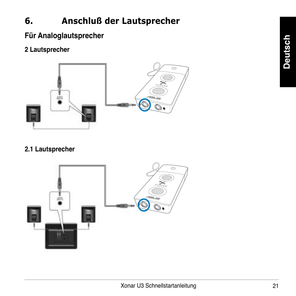 Deutsch, Anschluß der lautsprecher | Asus Xonar U3 User Manual | Page 21 / 56