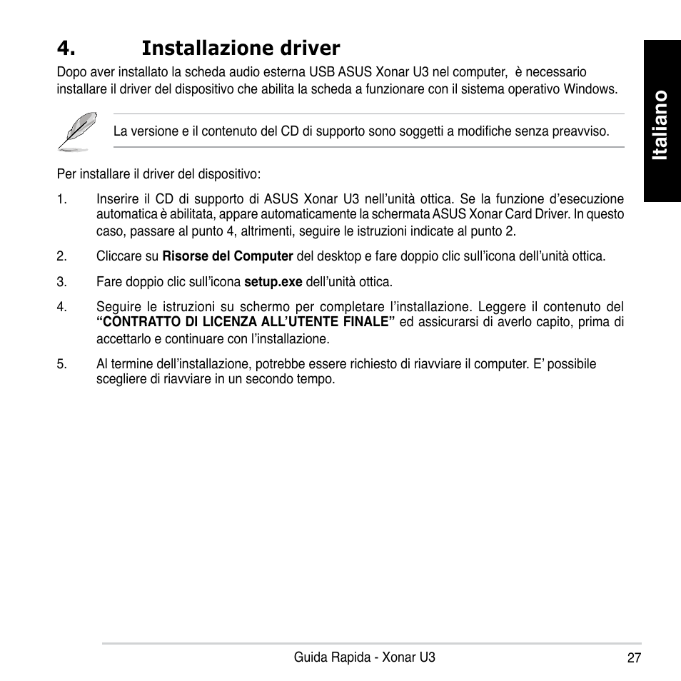 Italiano, Installazione driver | Asus Xonar U3 User Manual | Page 27 / 56