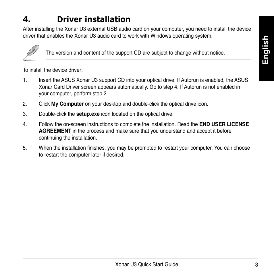 English, Driver installation | Asus Xonar U3 User Manual | Page 3 / 56