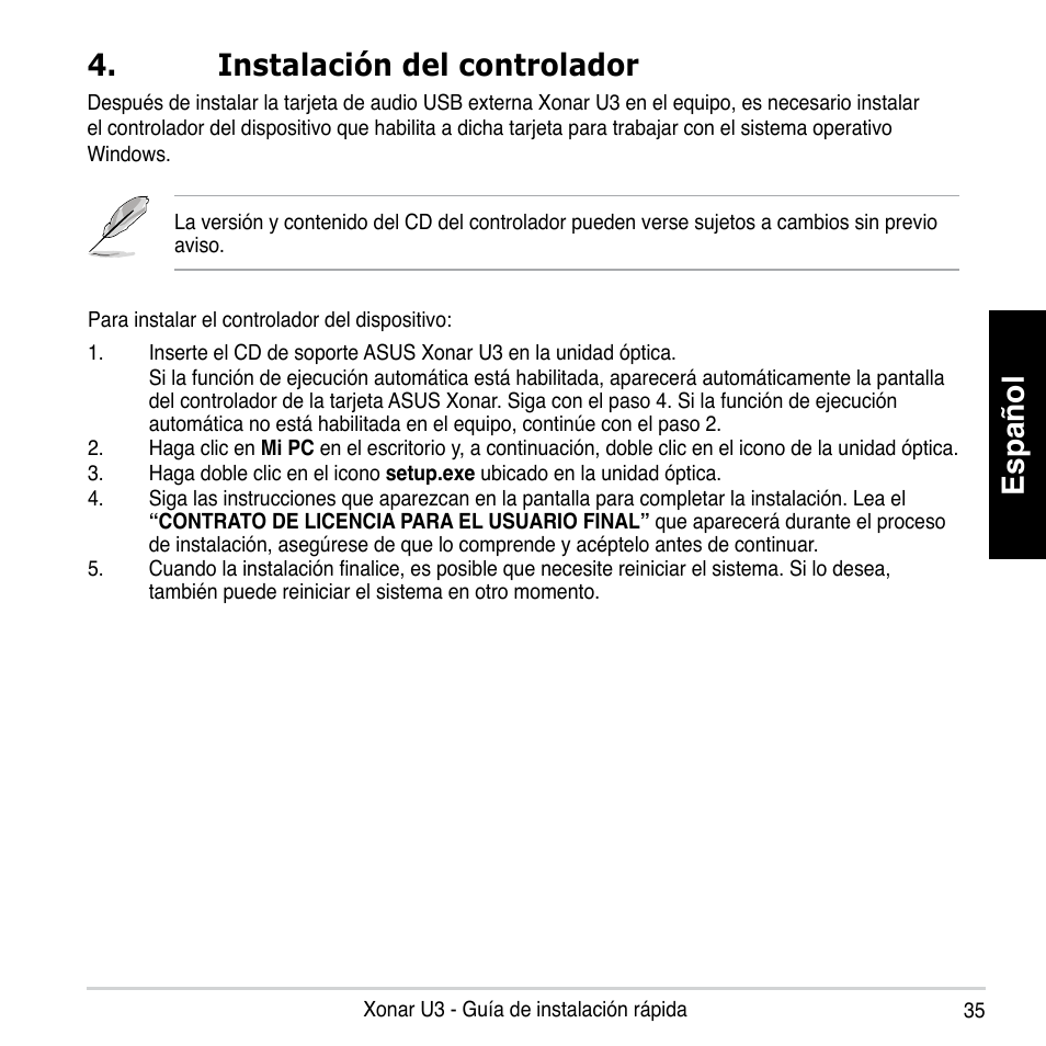 Español, Instalación del controlador | Asus Xonar U3 User Manual | Page 35 / 56