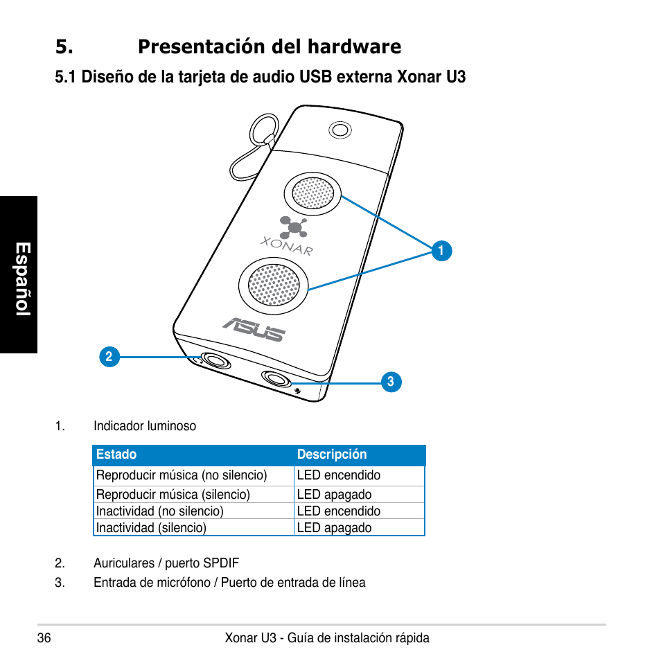 Español, Presentación del hardware | Asus Xonar U3 User Manual | Page 36 / 56