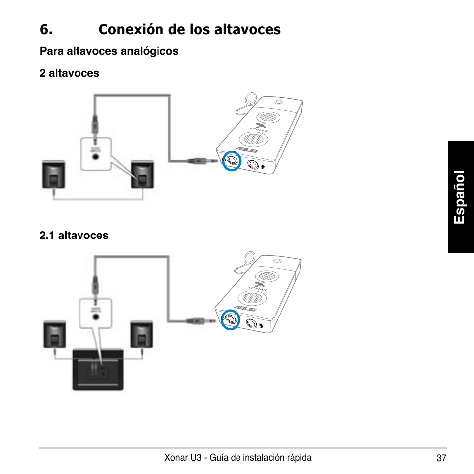 Español, Conexión de los altavoces | Asus Xonar U3 User Manual | Page 37 / 56