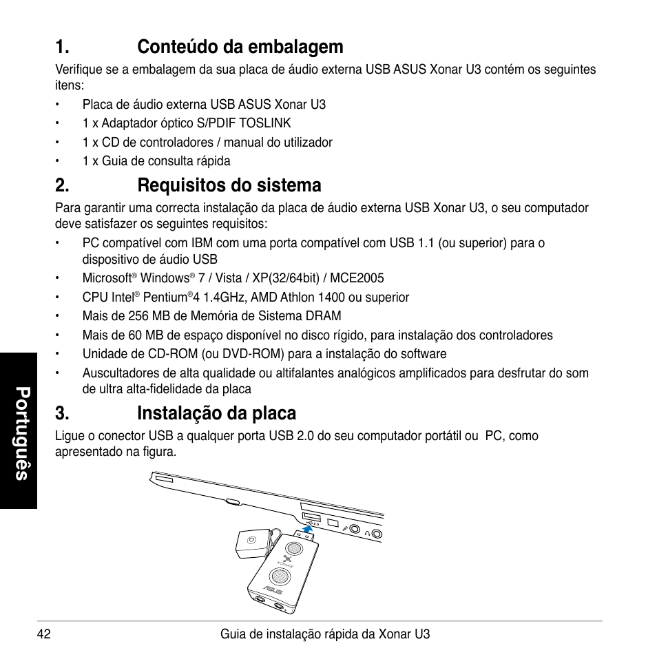 Português, Conteúdo da embalagem, Requisitos do sistema | Instalação da placa | Asus Xonar U3 User Manual | Page 42 / 56