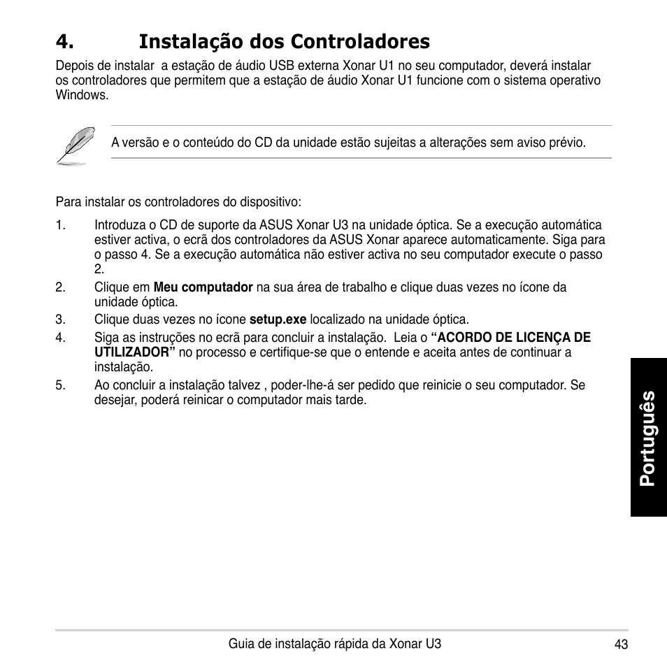 Português, Instalação dos controladores | Asus Xonar U3 User Manual | Page 43 / 56