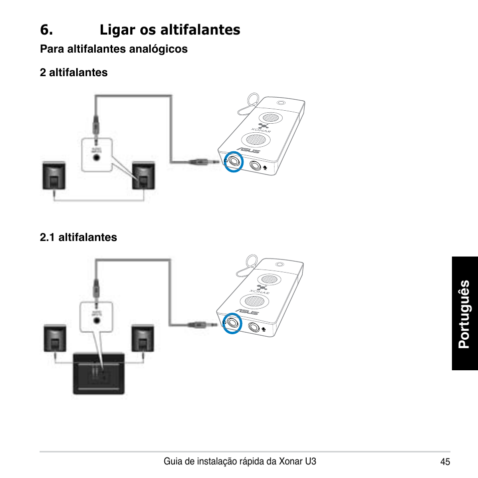 Português, Ligar os altifalantes | Asus Xonar U3 User Manual | Page 45 / 56