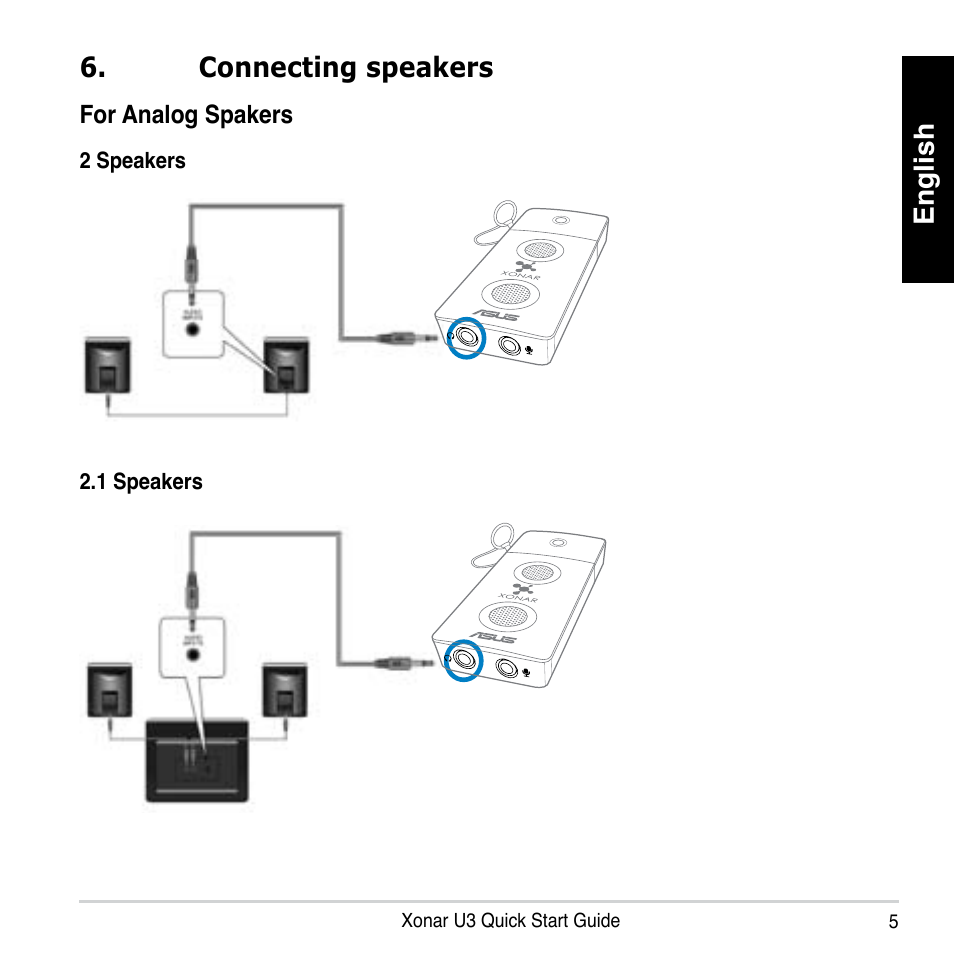 English, Connecting speakers | Asus Xonar U3 User Manual | Page 5 / 56