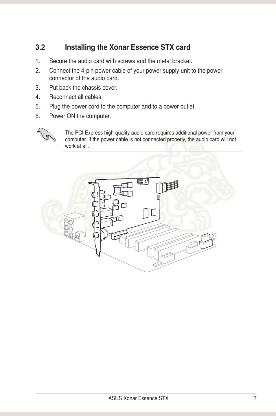 2 installing the xonar essence stx card, Installing the xonar essence stx card | Asus Xonar Essence STX User Manual | Page 12 / 49