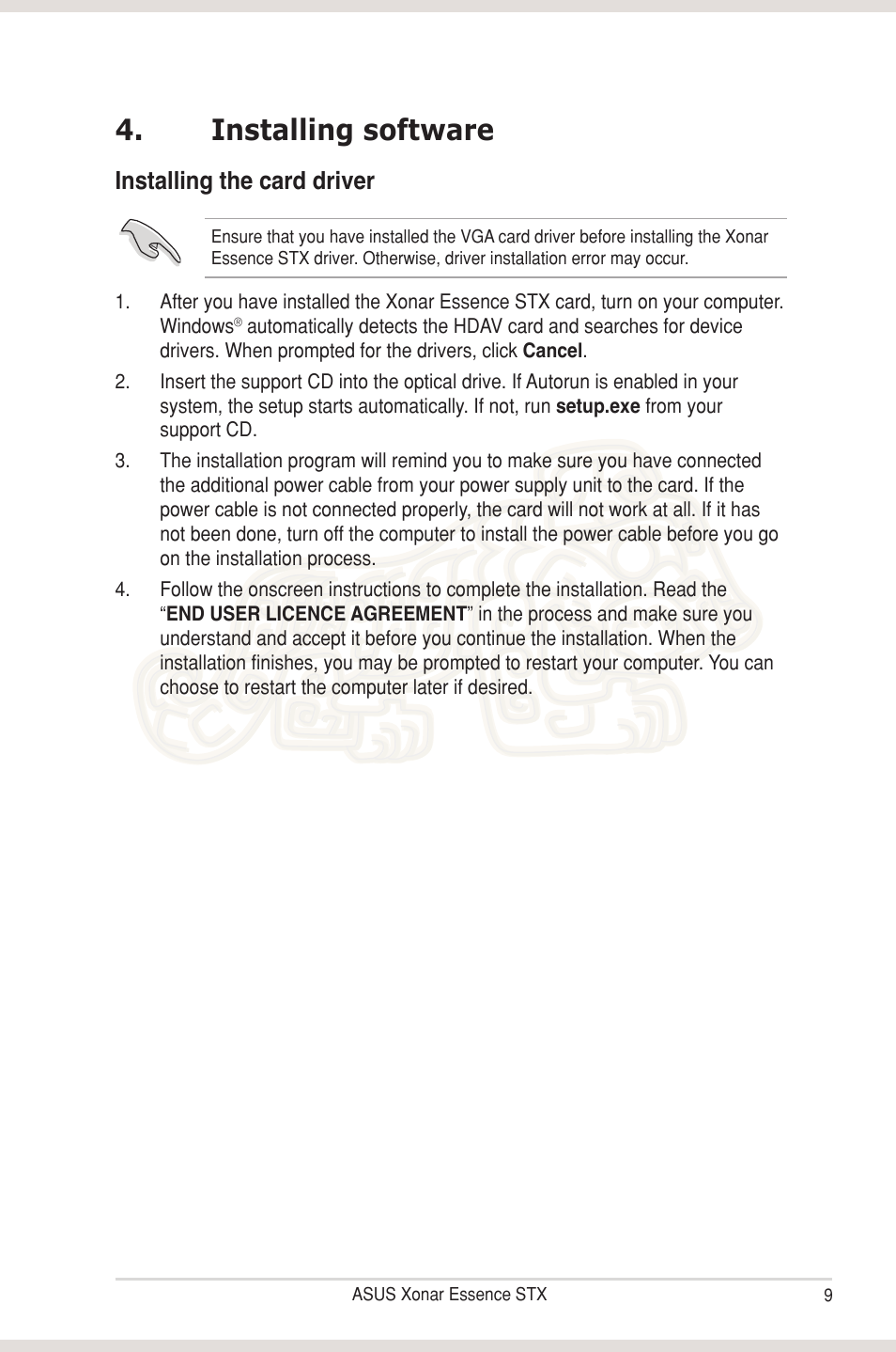 Installing software, Installing the card driver | Asus Xonar Essence STX User Manual | Page 14 / 49