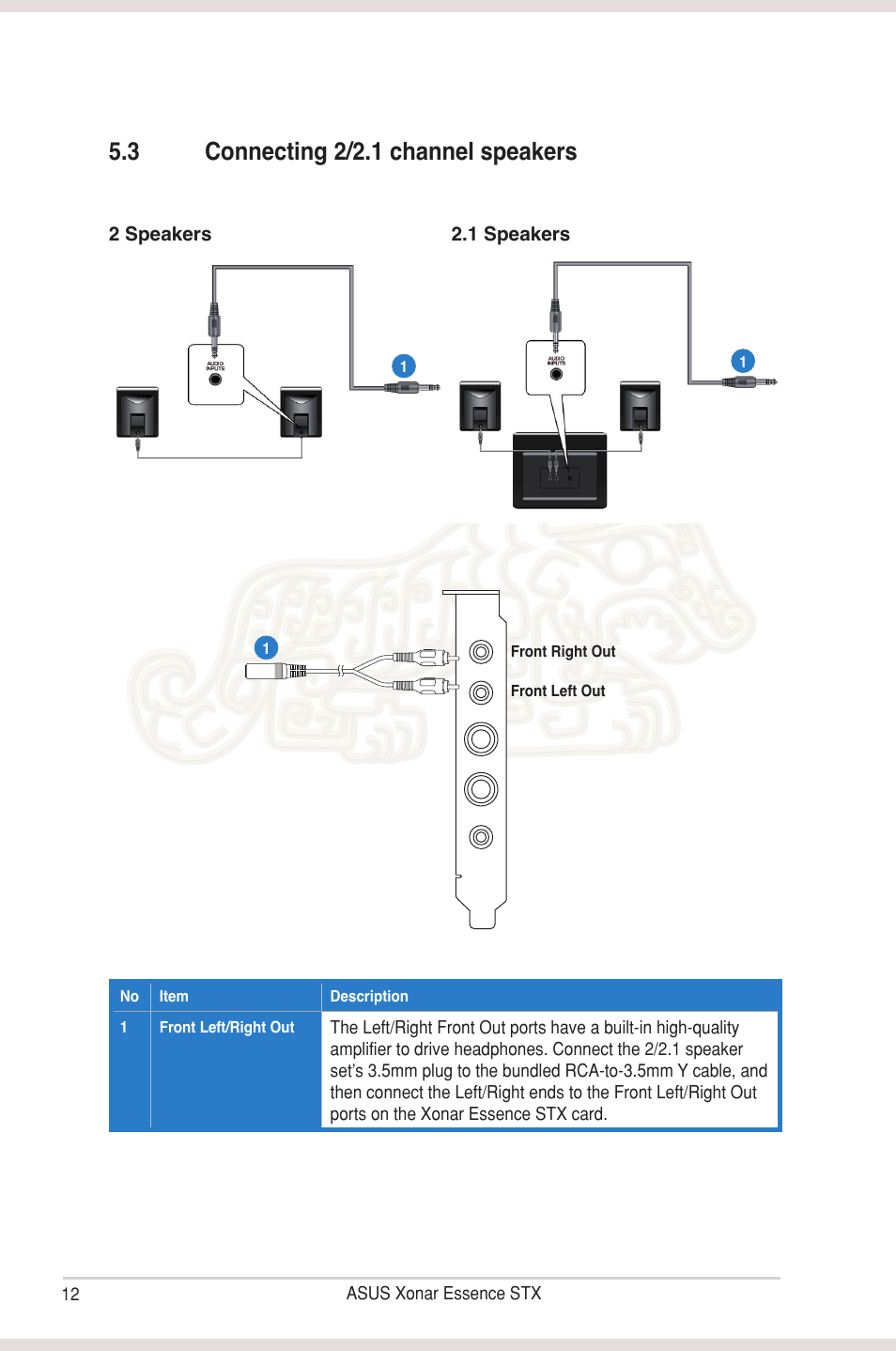 3 connecting 2/2.1 channel speakers, Connecting 2/2.1 channel speakers | Asus Xonar Essence STX User Manual | Page 17 / 49