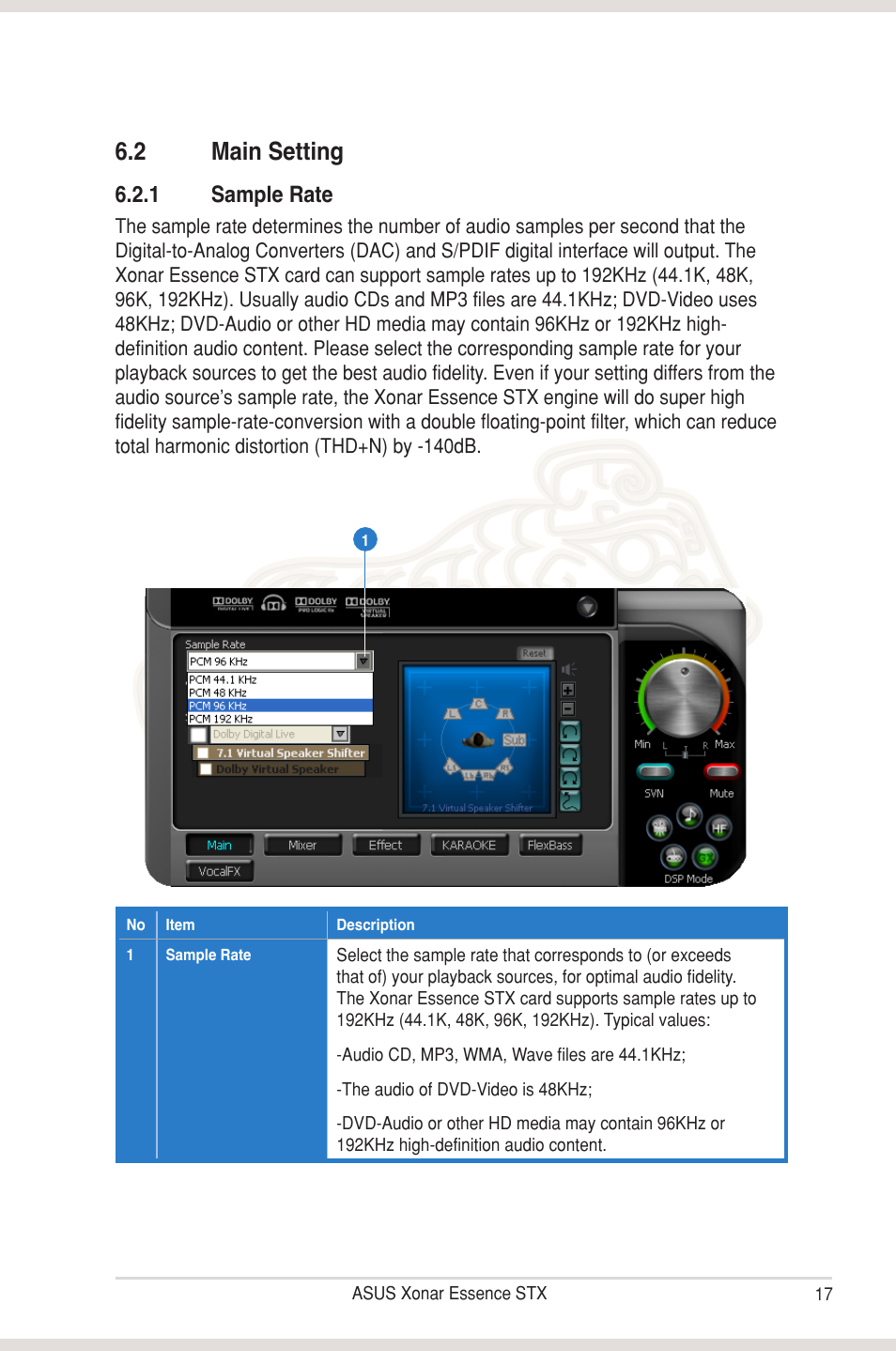 2 main setting, Main setting, 1 sample rate | Asus Xonar Essence STX User Manual | Page 22 / 49