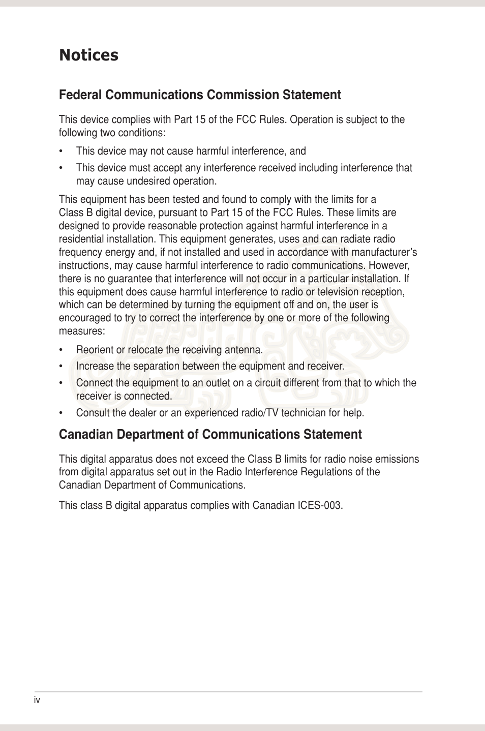 Notices, Federal communications commission statement, Canadian department of communications statement | Asus Xonar Essence STX User Manual | Page 4 / 49