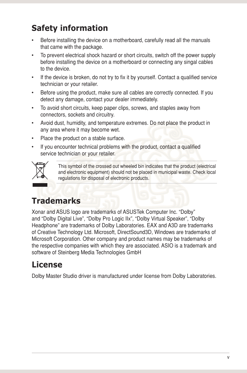Safety information, Trademarks, License | Asus Xonar Essence STX User Manual | Page 5 / 49