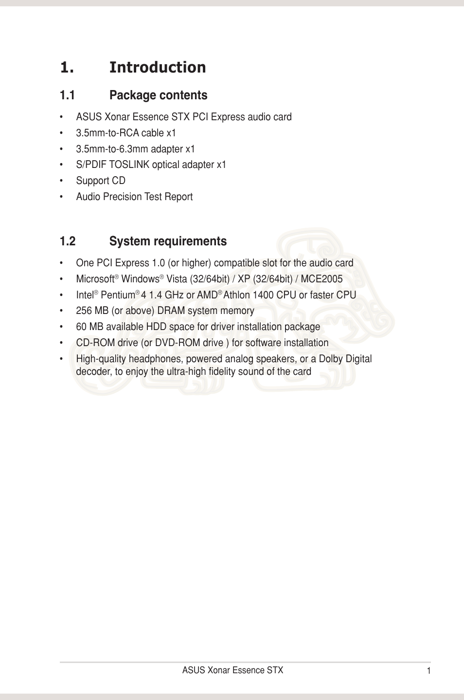 Introduction, 1 package contents, 2 system requirements | Introduction 1.1, Package contents, System requirements | Asus Xonar Essence STX User Manual | Page 6 / 49