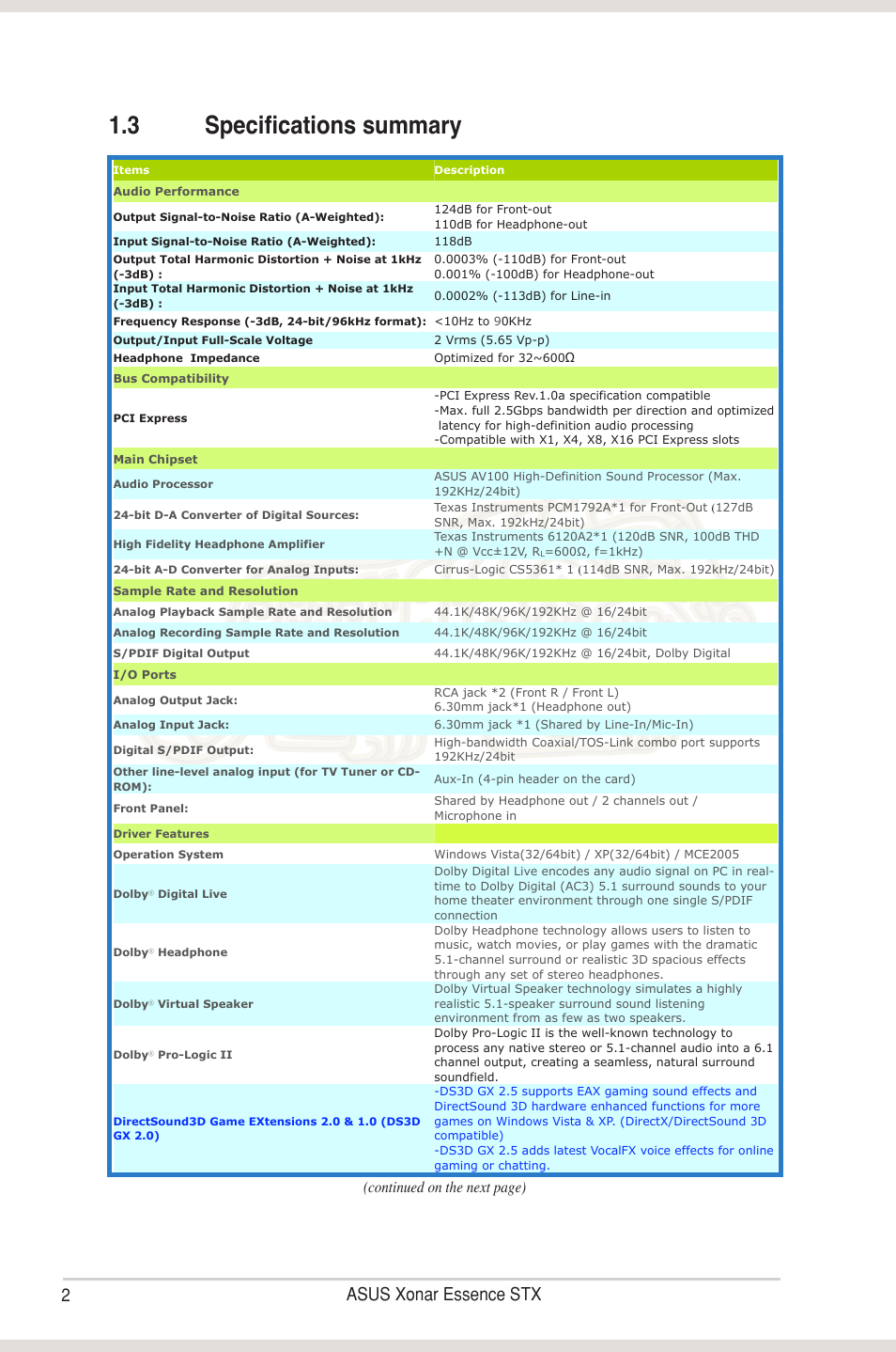 3 specifications summary, Specifications summary, 2asus xonar essence stx | Continued on the next page) | Asus Xonar Essence STX User Manual | Page 7 / 49