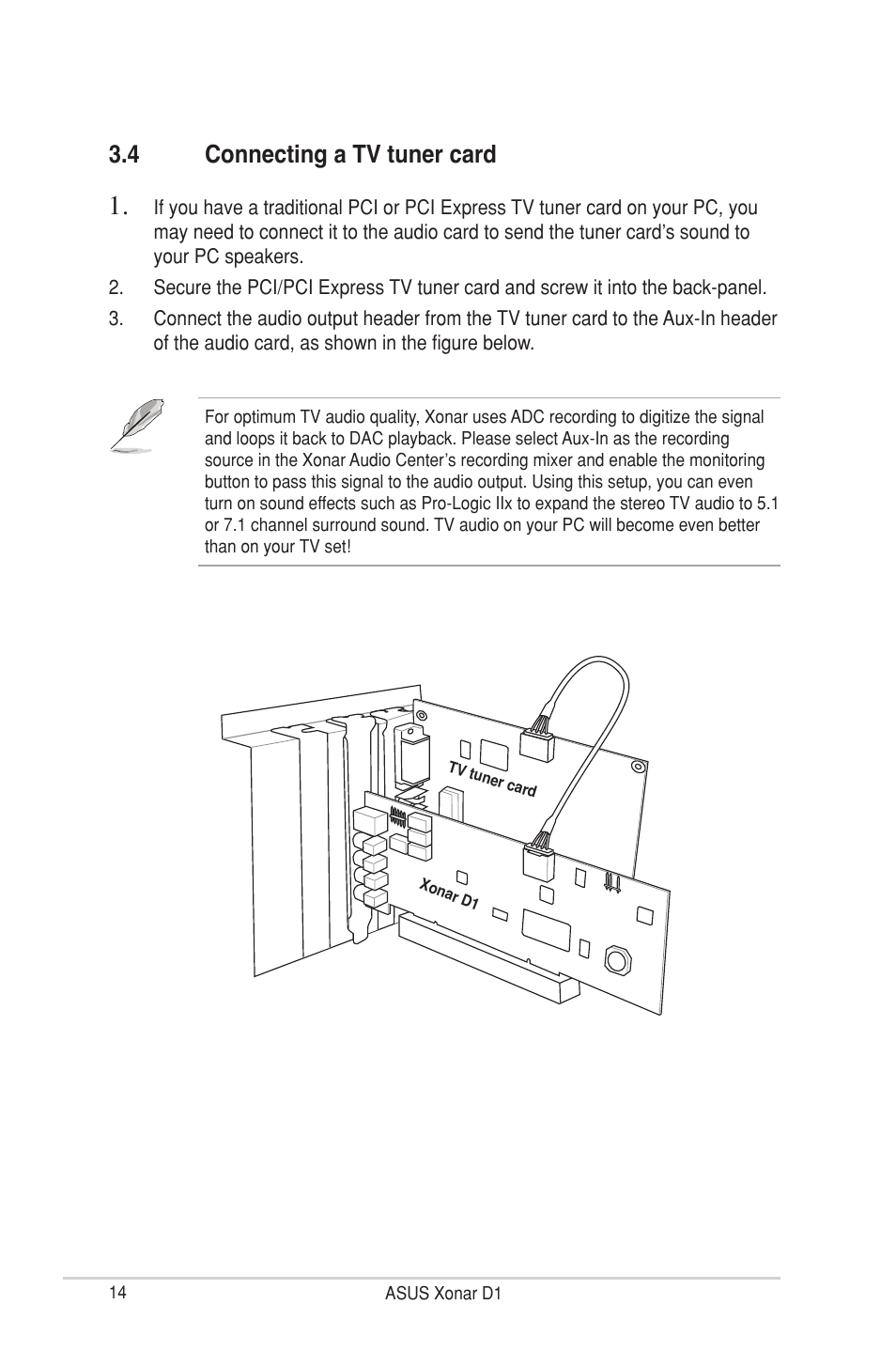 4 connecting a tv tuner card, Connecting a tv tuner card | Asus Xonar D1 User Manual | Page 14 / 72