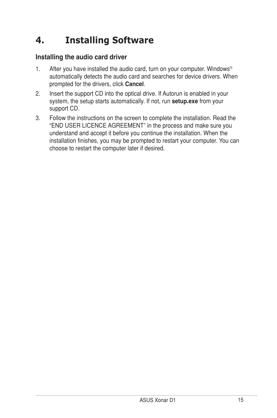 Installing software, Installing.software | Asus Xonar D1 User Manual | Page 15 / 72
