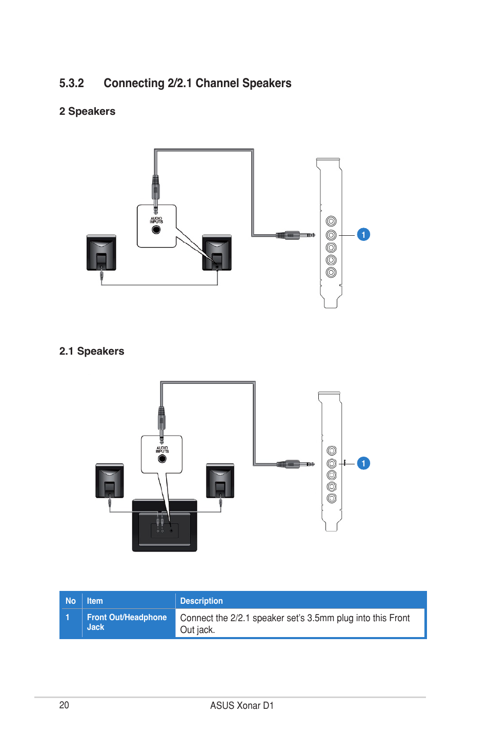 2 connecting 2/2.1 channel speakers | Asus Xonar D1 User Manual | Page 20 / 72