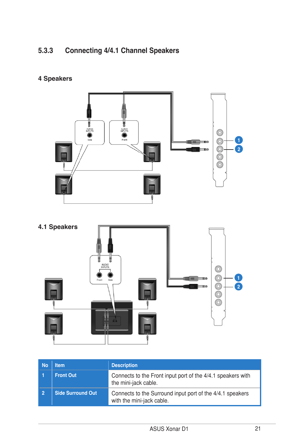 3 connecting 4/4.1 channel speakers | Asus Xonar D1 User Manual | Page 21 / 72