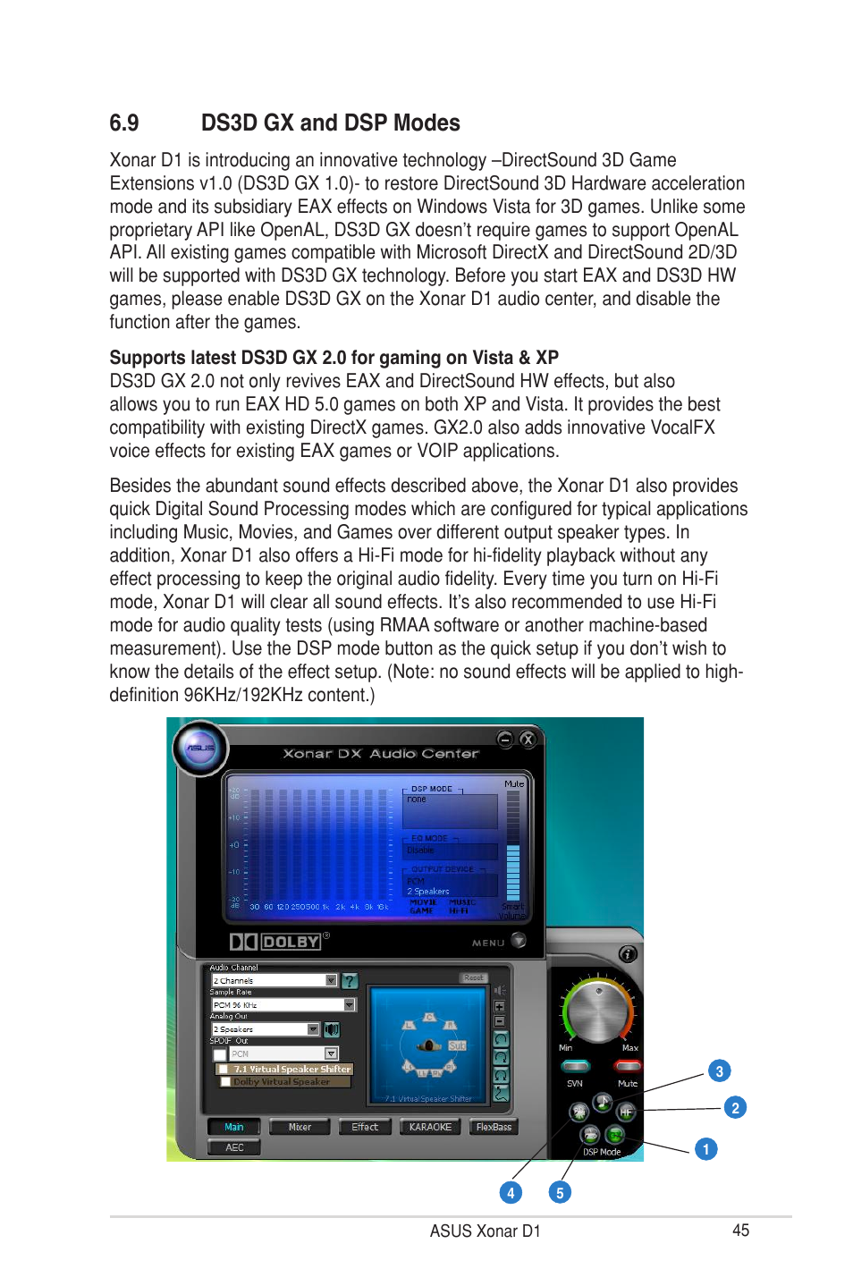 9 ds3d gx (for vista only) and dsp modes, Dsd gx and dsp modes, 9 ds3d gx and dsp modes | Asus Xonar D1 User Manual | Page 45 / 72