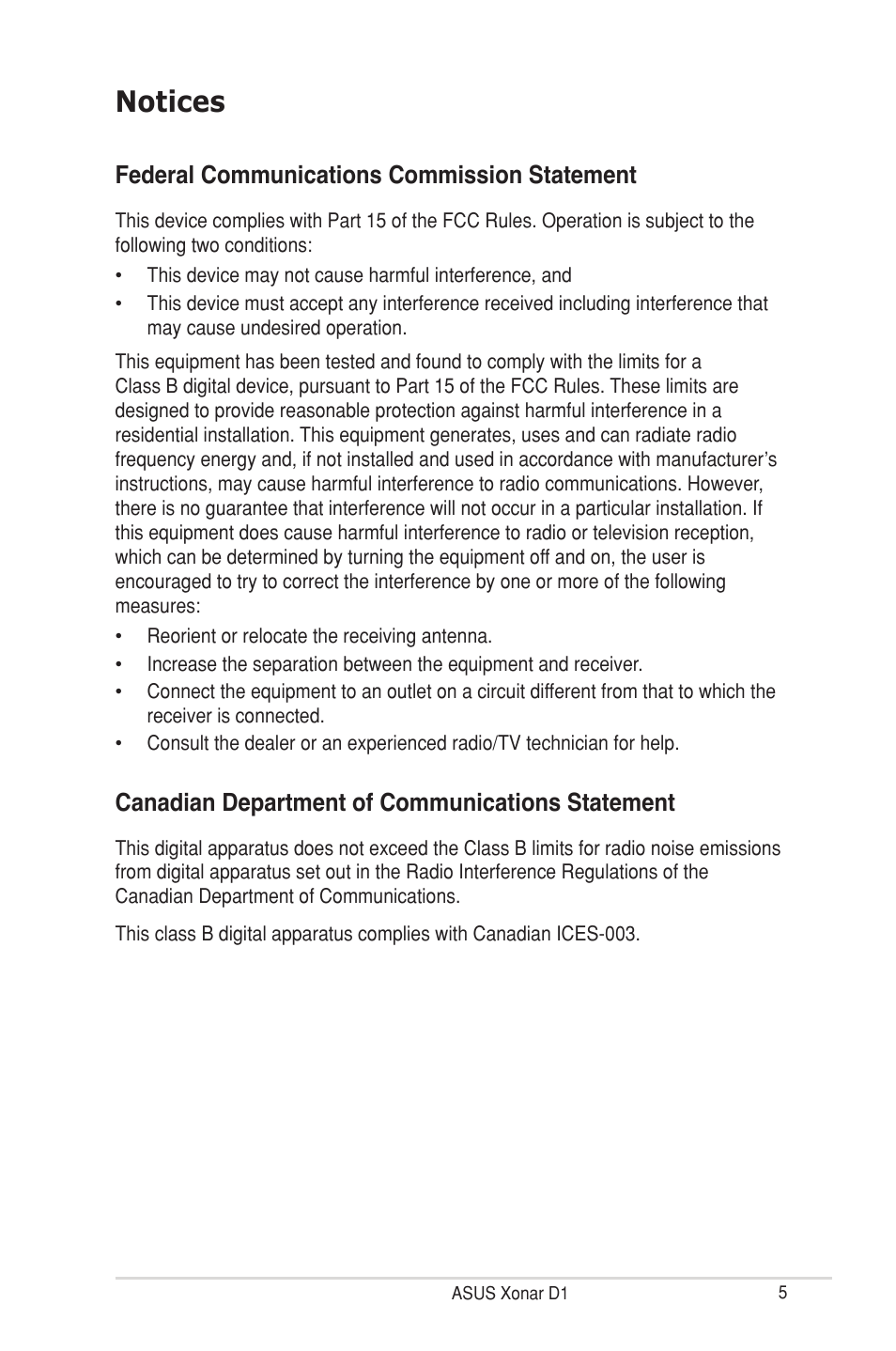 Notices, Federal communications commission statement, Canadian department of communications statement | Asus Xonar D1 User Manual | Page 5 / 72
