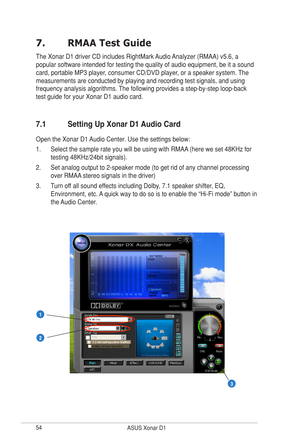 Rmaa test guide, 1 setting up xonar d1 audio card, Rmaa test guide 7.1 | Setting up xonar d1 audio card | Asus Xonar D1 User Manual | Page 54 / 72