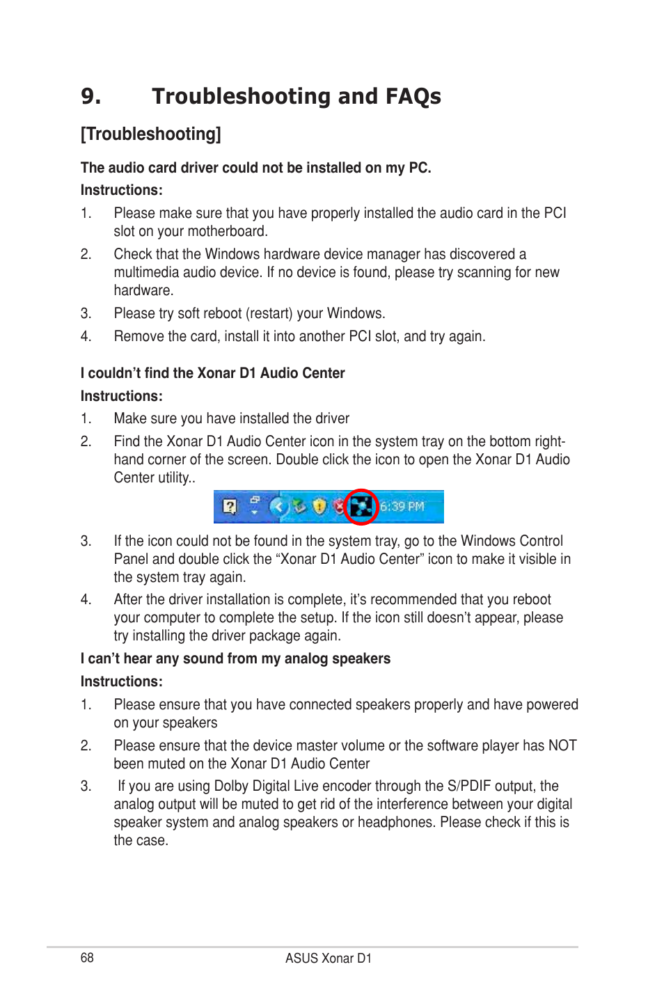 Troubleshooting and faqs, Troubleshooting, Troubleshooting and faqs [troubleshooting | Asus Xonar D1 User Manual | Page 68 / 72