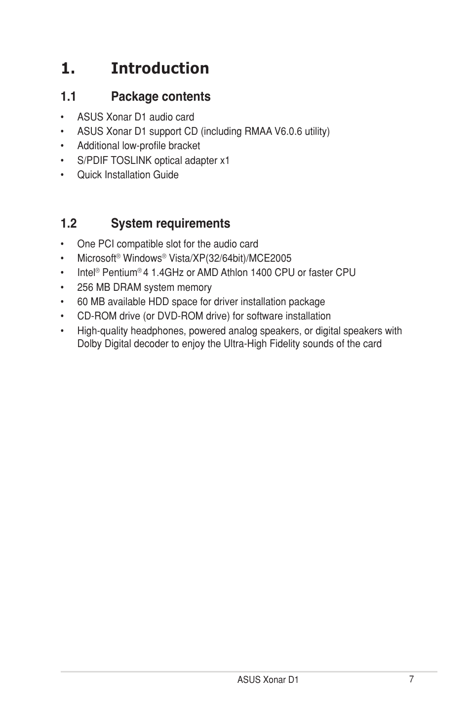 Introduction, 1 package contents, 2 system requirements | Introduction 1.1, Package contents, System requirements | Asus Xonar D1 User Manual | Page 7 / 72