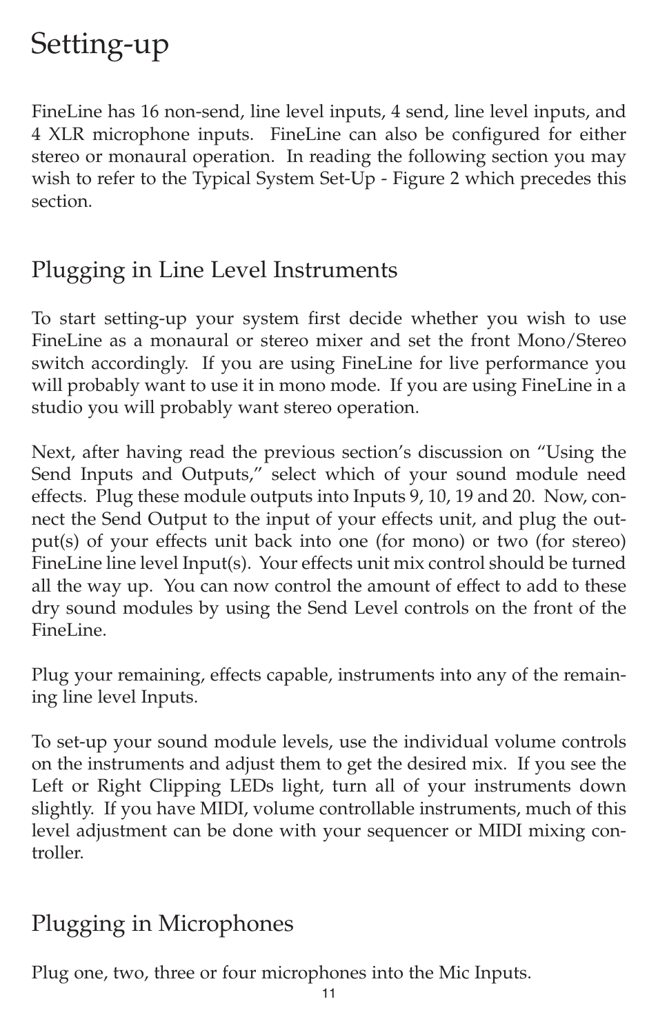 Setting-up, Plugging in line level instruments, Plugging in microphones | M-AUDIO Fineline User Manual | Page 11 / 16