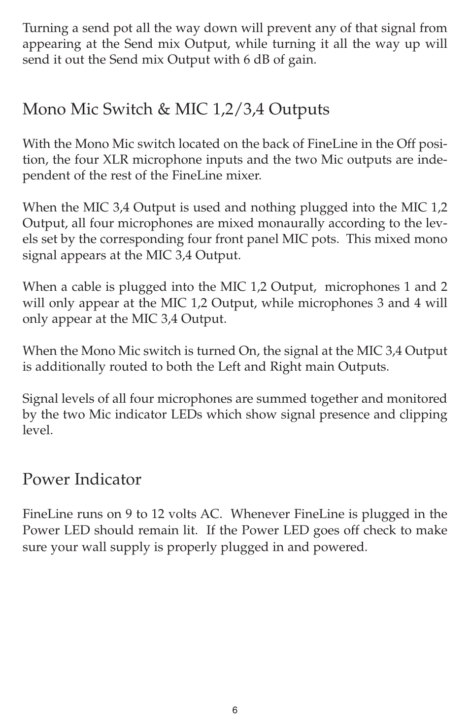 Mono mic switch & mic 1,2/3,4 outputs, Power indicator | M-AUDIO Fineline User Manual | Page 6 / 16