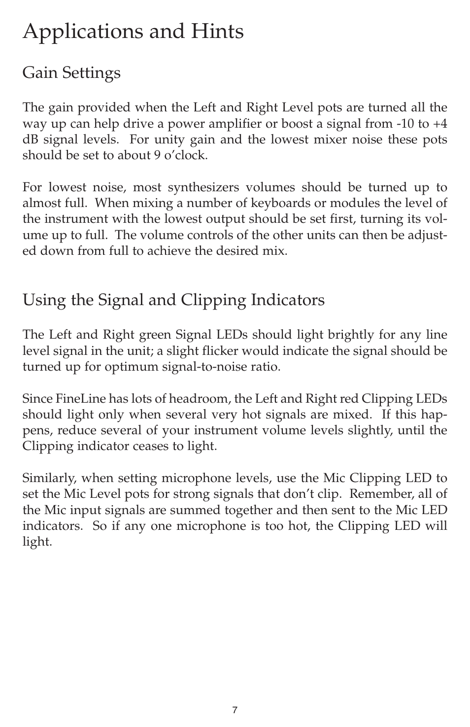 Applications and hints, Gain settings, Using the signal and clipping indicators | M-AUDIO Fineline User Manual | Page 7 / 16