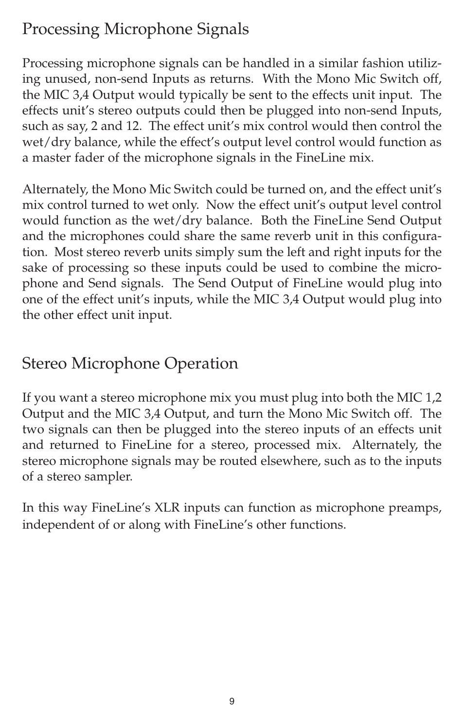 Processing microphone signals, Stereo microphone operation | M-AUDIO Fineline User Manual | Page 9 / 16