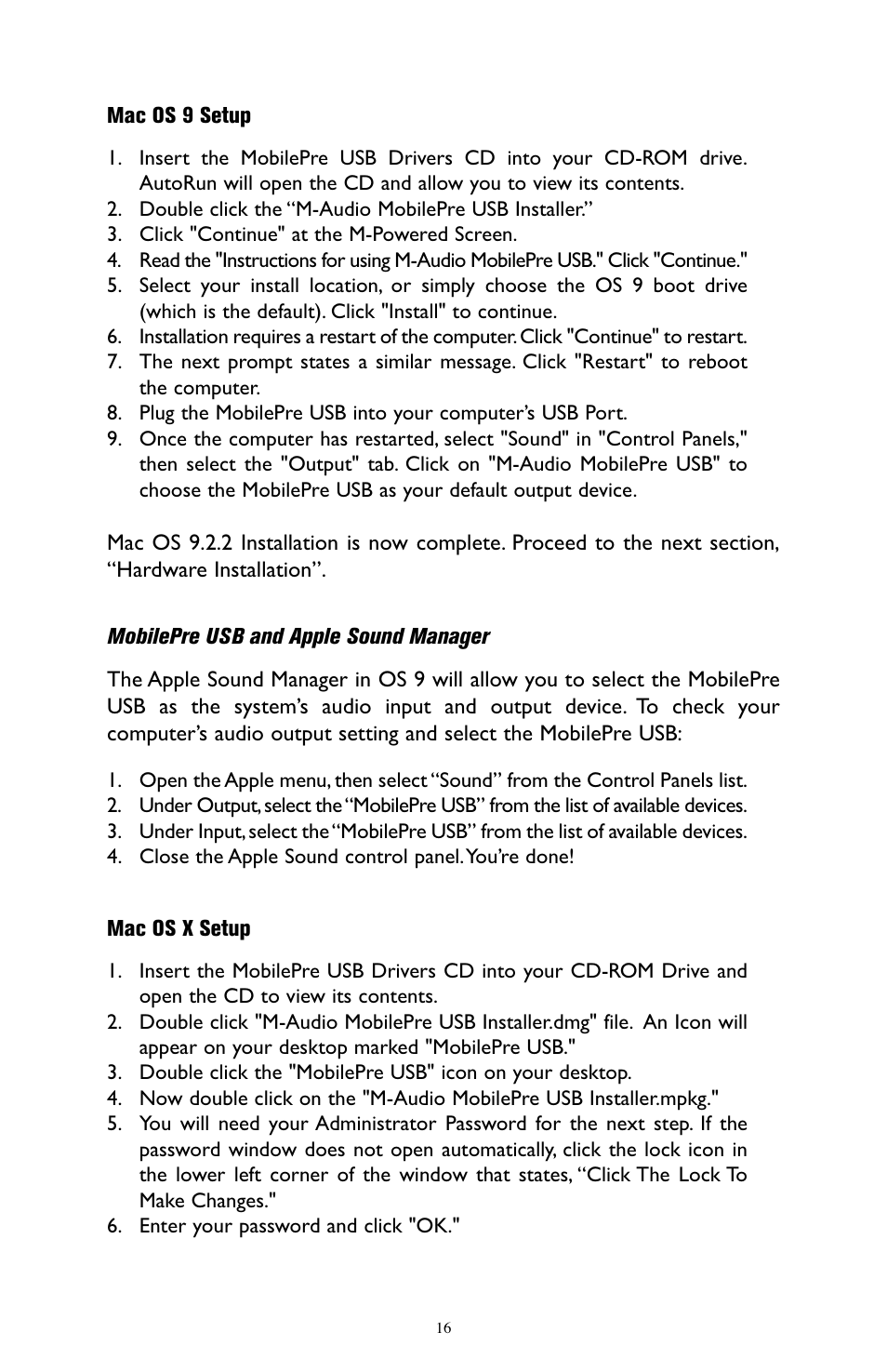 Mac os 9 setup, Mobilepre usb and apple soun, Mac os x setup | M-AUDIO MobilePre USB User Manual | Page 16 / 29