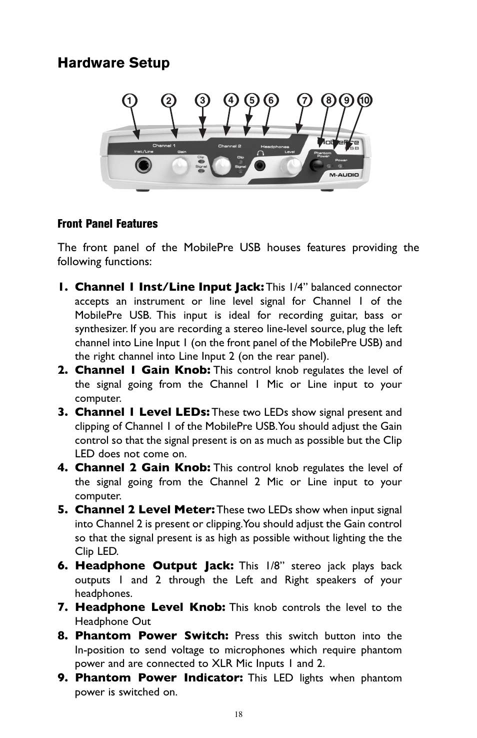 Hardware setup, Front panel features | M-AUDIO MobilePre USB User Manual | Page 18 / 29