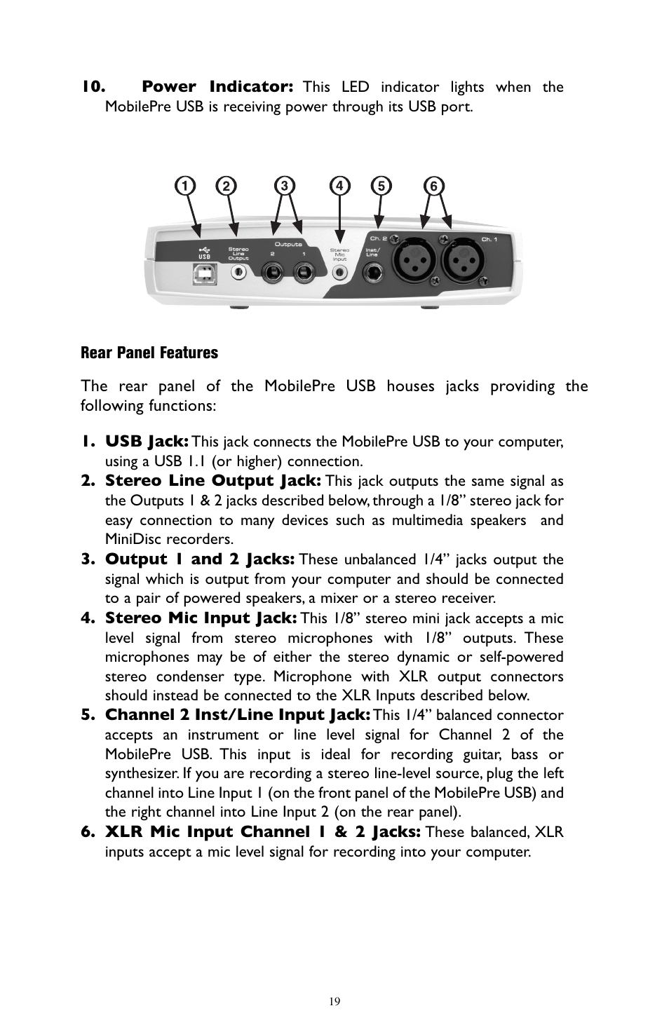 Rear panel features | M-AUDIO MobilePre USB User Manual | Page 19 / 29