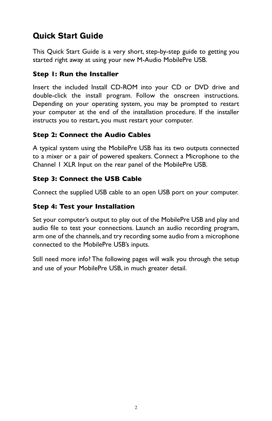 Quick start guide | M-AUDIO MobilePre USB User Manual | Page 2 / 29