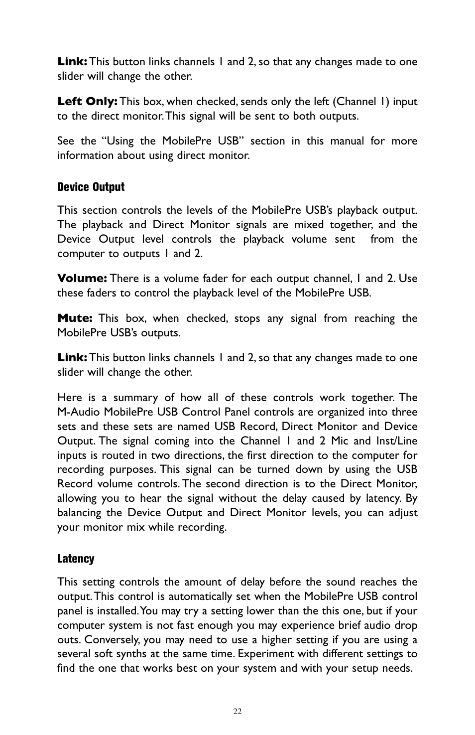 Device output, Latency | M-AUDIO MobilePre USB User Manual | Page 22 / 29